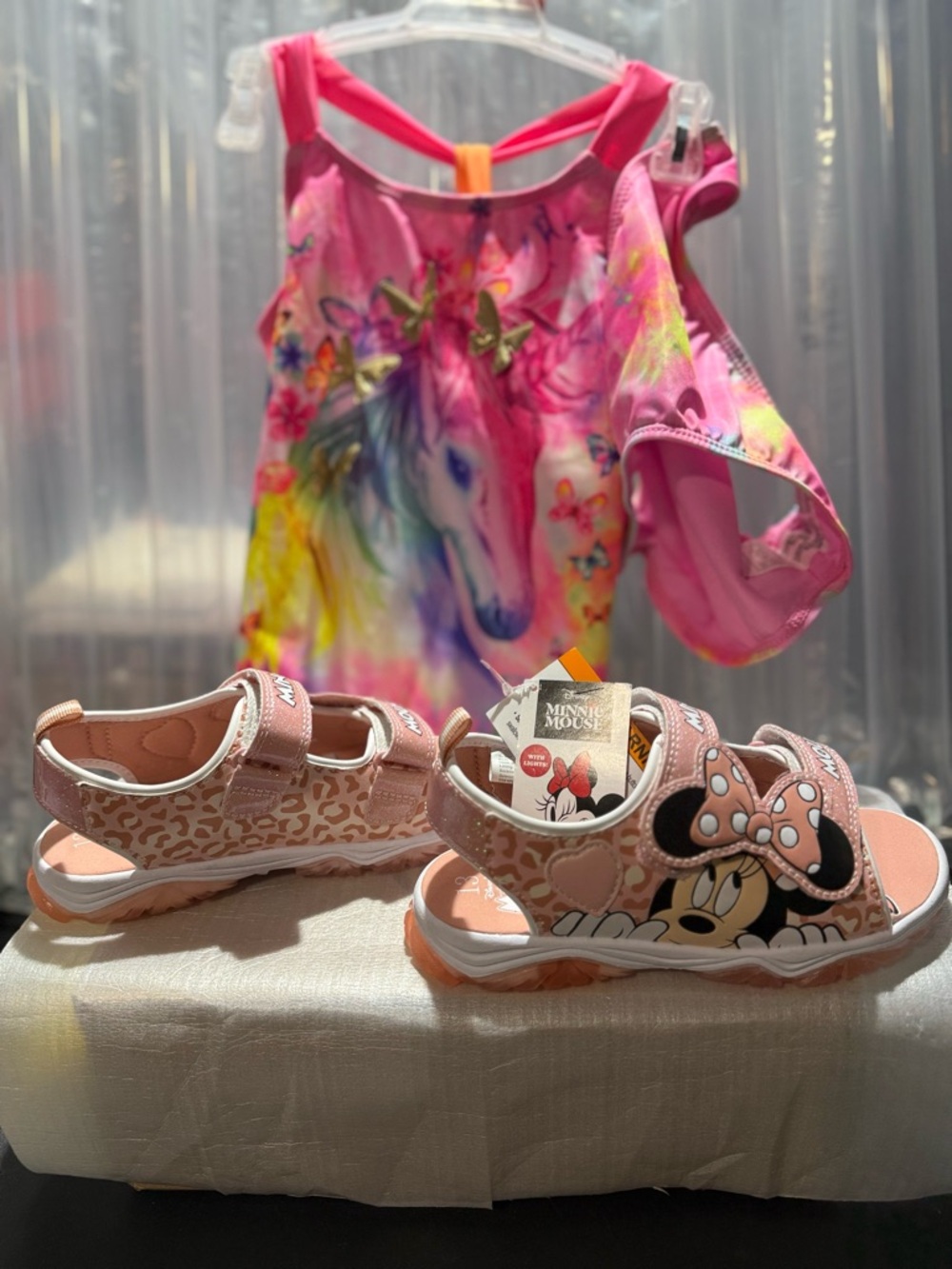 Girl’s WN-Unicorn Tankini Swimsuit & Disney-Minnie Mouse Light-Up Sandals-NWT